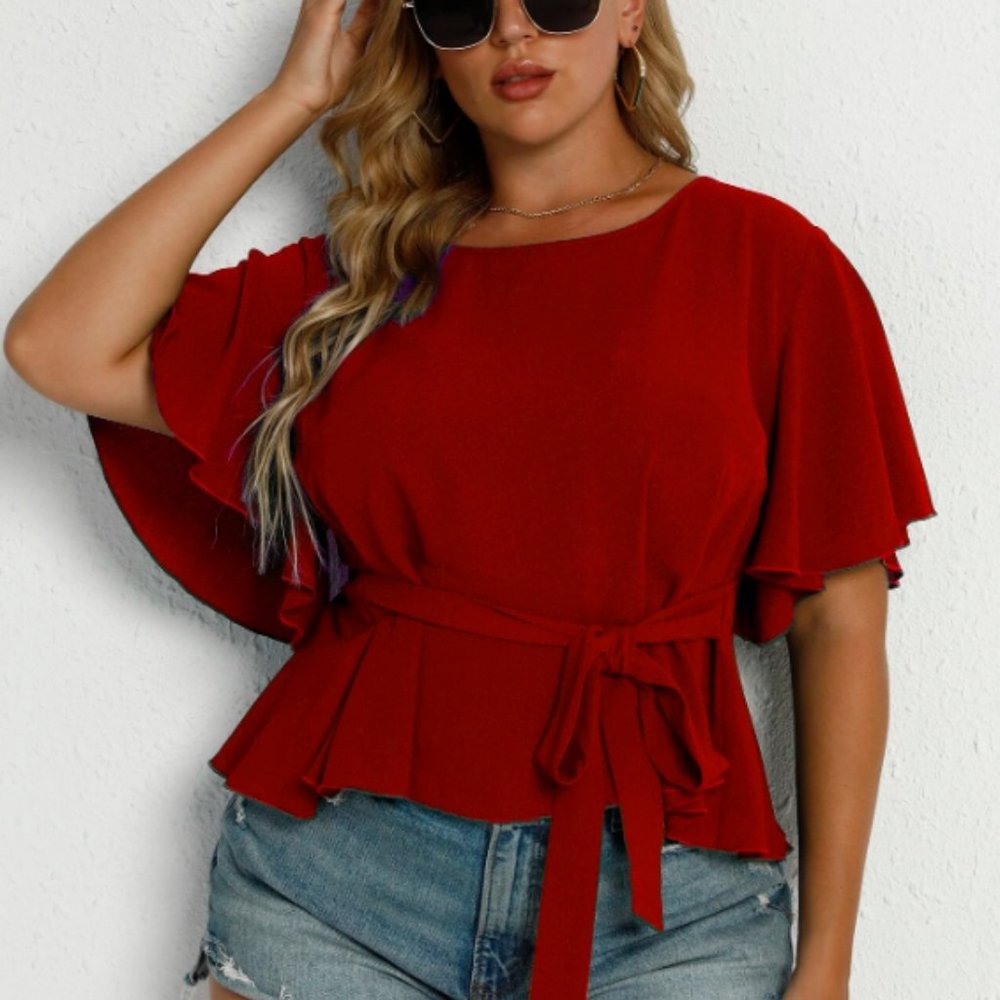 SHEIN Plus Flutter Sleeve Belted Top